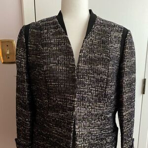 Kasper Tweed Open Front Jacket 12P Black Gold Purple Cream Like New